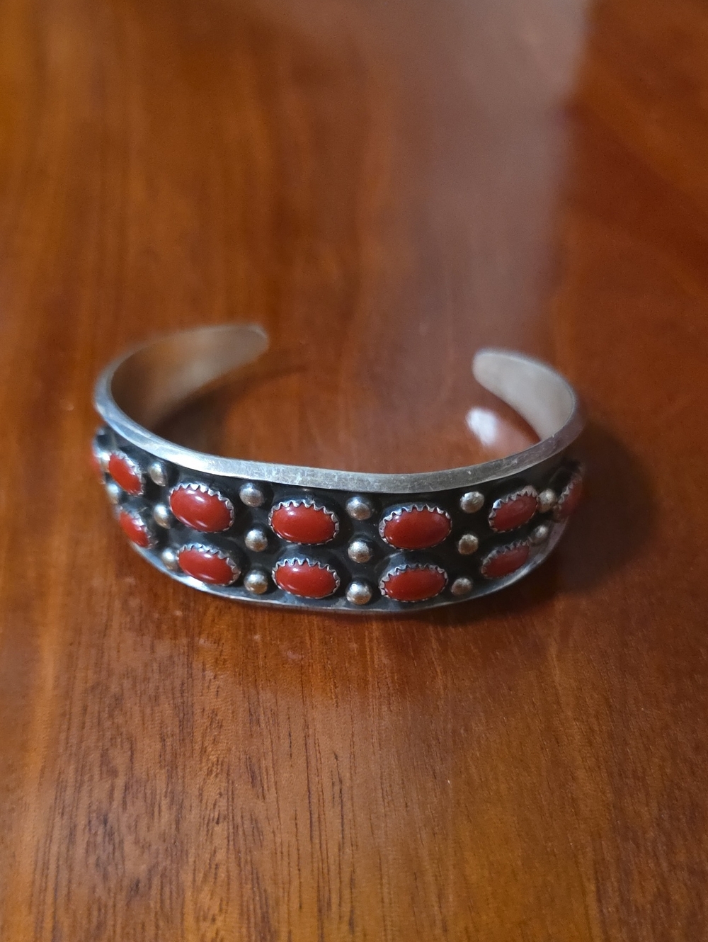 Sterling Silver Red Coral Cabochon Cuff Bracelet